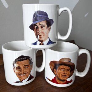 3 Vtg. Pfaltzgraff Movie Star Mugs Actors John Wayne Humphrey Bogart Clark Gable